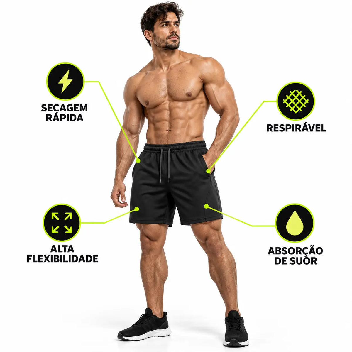 Bermuda Dry Fit Masculina Alphex Preta - Secagem Rápida, Respirável, Alta Flexibilidade